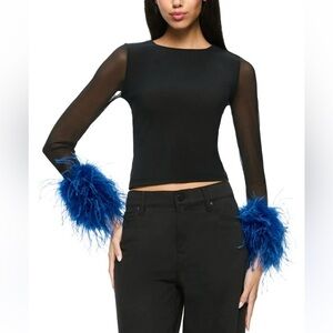 ALICE and Olivia , Elegant Black Top with Blue Feather Cuffs NWT